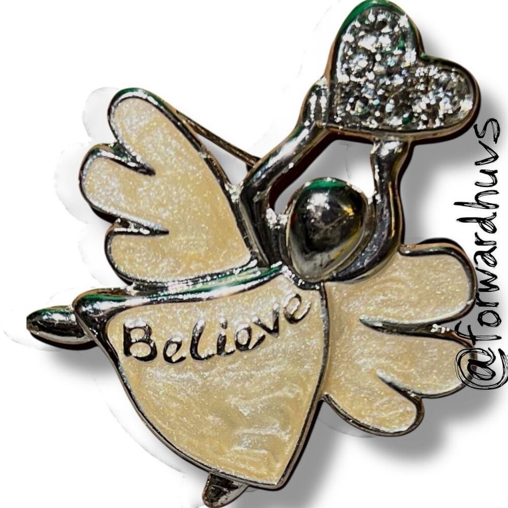 Angel Enamel Pin – “Believe” Inscription – Heart Accent – Cream & Metallic Finis